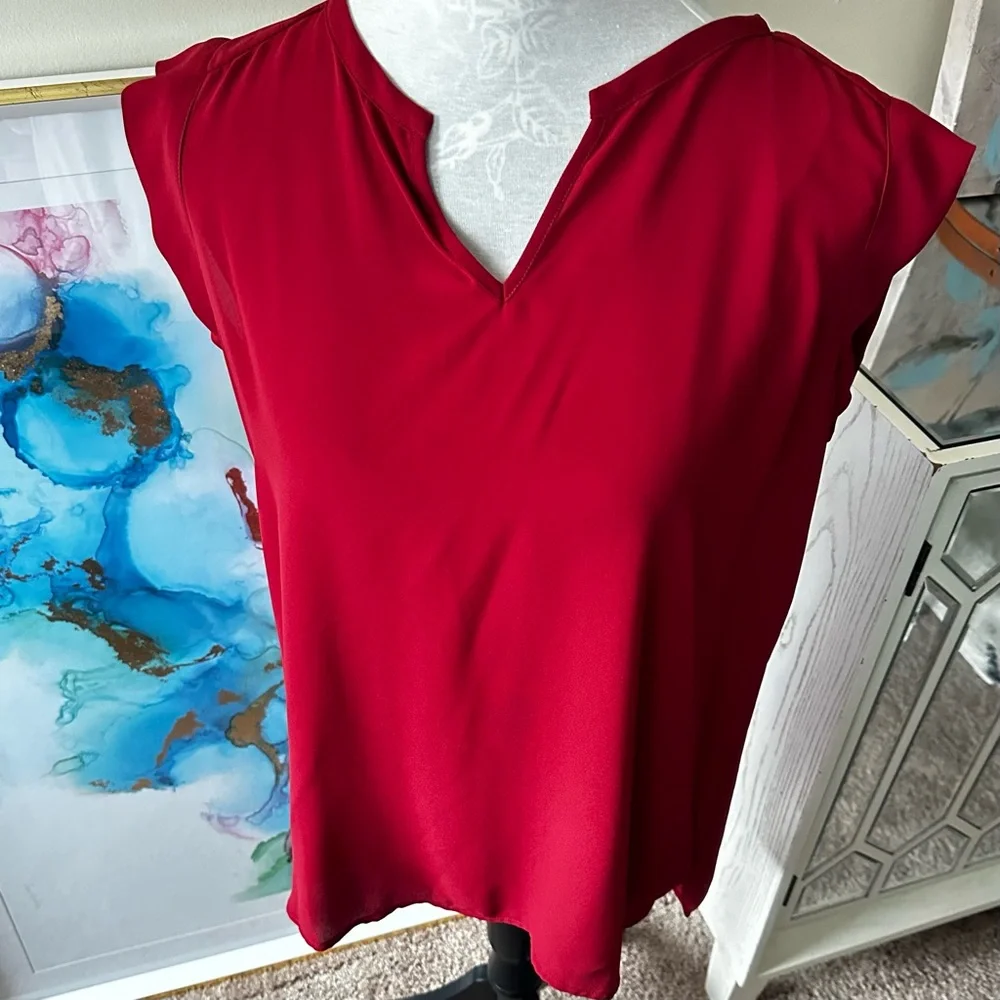 PLEIONE Top High Low flowy Short Sleeve Nordstrom Blouse Red Rucked Size SP - Picture 2 of 8